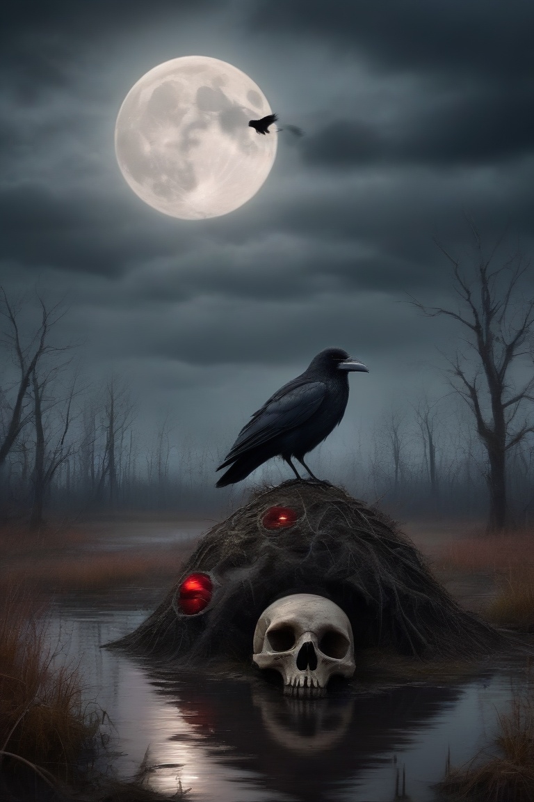 a swamp under a gloomy sky,  with a crow perched on a decayed skull. The full moon behind the crow makes its eyes glow red...