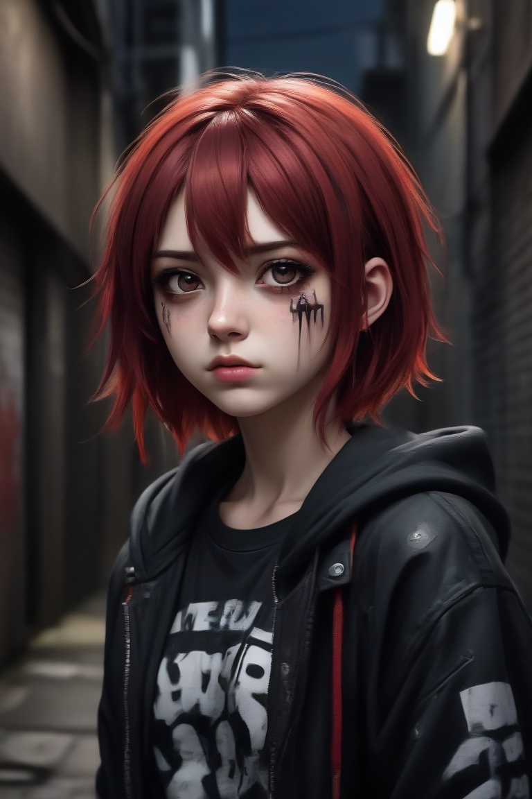 anime teenage girl on a bacstreet alley,  teary eyes,  teenage outfit on Tensor.Art