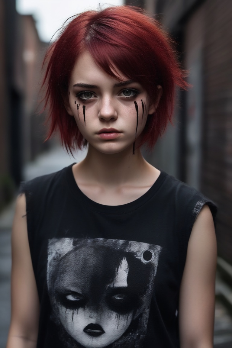 teenage girl on a bacstreet alley,  teary eyes,  teenage outfit on Tensor.Art