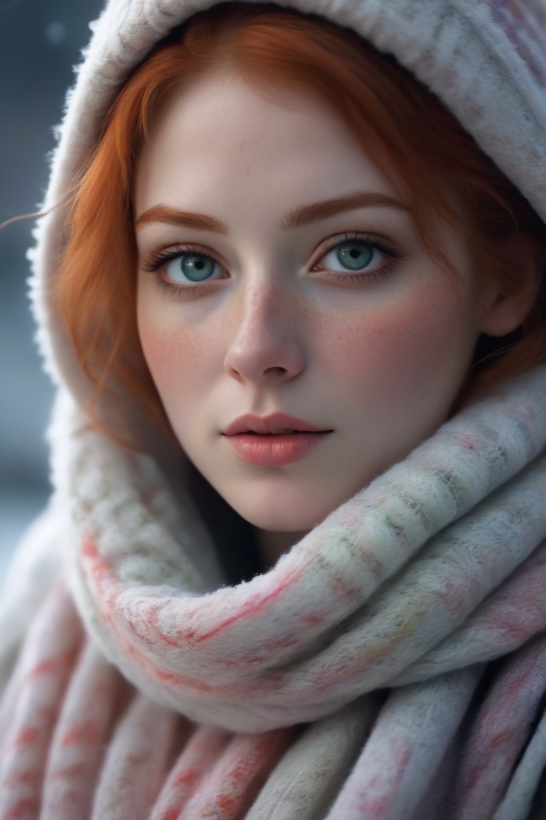 Face behind wooly scarf,  Petite redhead Woman in snow,  Freckles on Tensor.Art