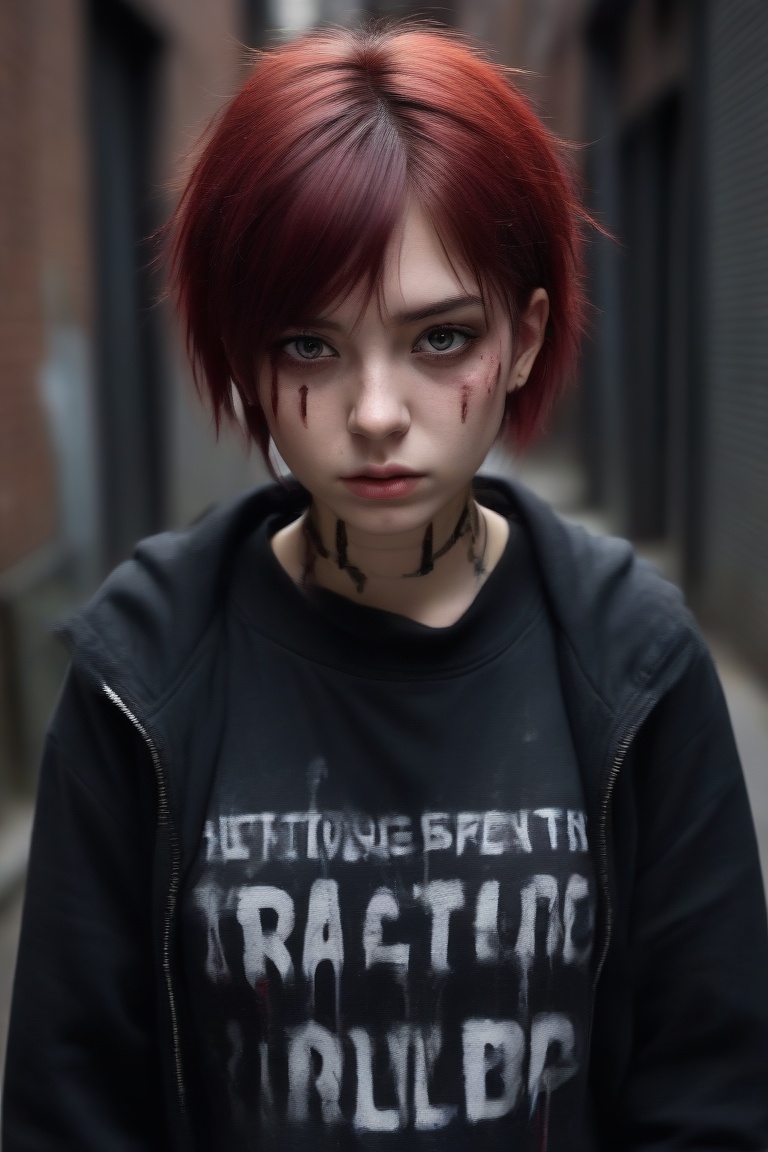 teenage girl on a bacstreet alley,  teary eyes,  teenage outfit on Tensor.Art