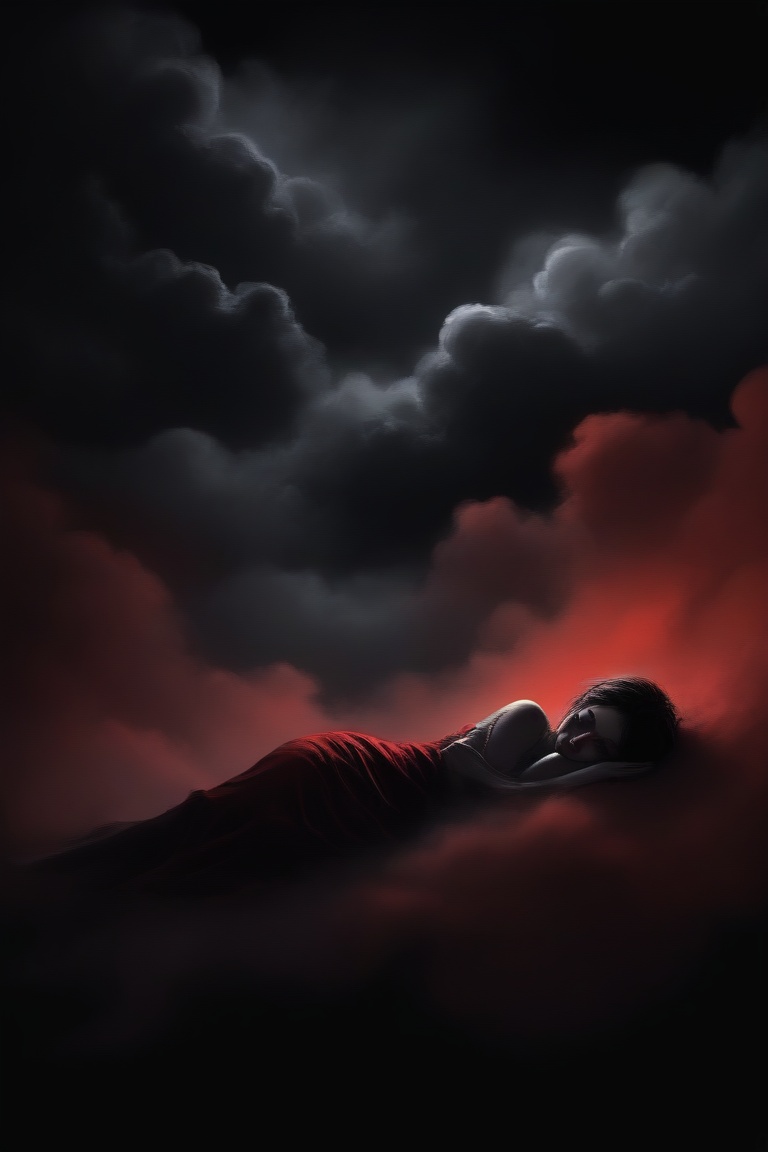 Silhouette,  a girl sleeping in the clouds,  moody sad dark atmosphere on Tensor.Art
