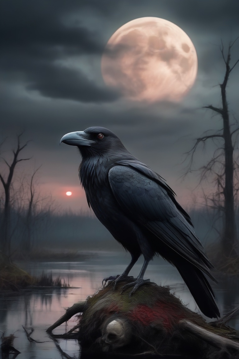 a swamp under a gloomy sky,  with a crow perched on a decayed skull. The full moon behind the crow makes its eyes glow red...