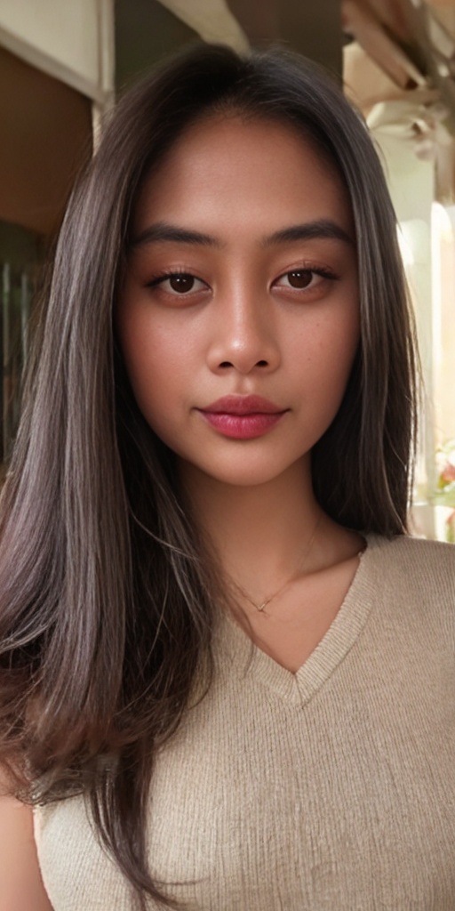 Generate hyper realistic image of a Indonesian woman with long hair,  gazing directly at the viewer with brown eyes. Her p...