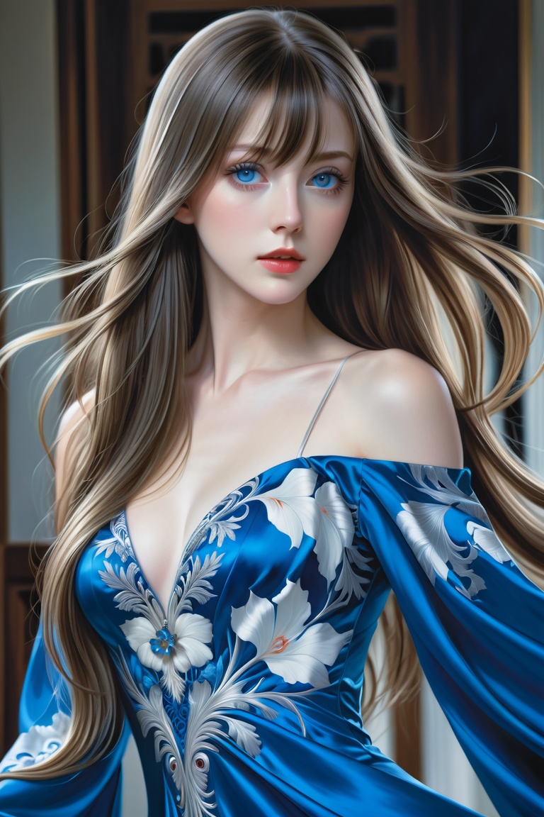 1girl, long hair, blue eyes, perfect female body, long dress, sharp focus, 8 k high definition, insanely detailed, intricate, elegant, art by artgerm, junji ito