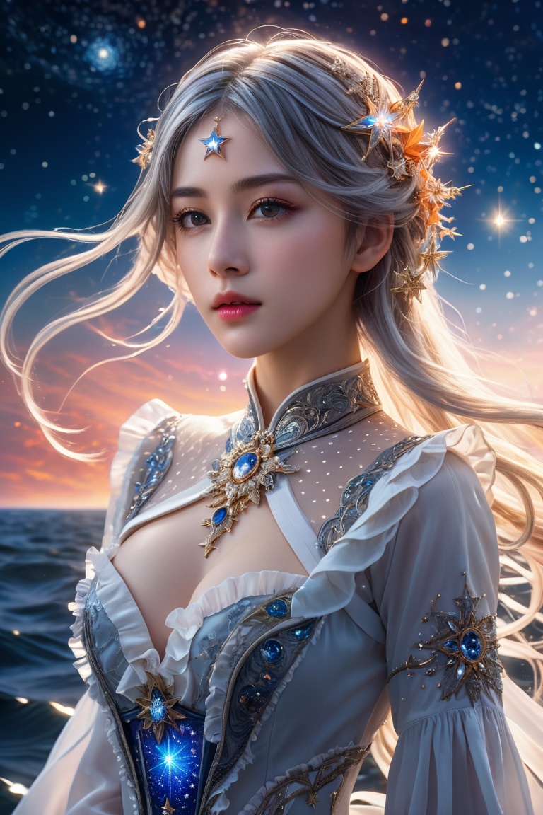 ((masterpiece)), ((best quality)), ((illustration)), ultra detailed,style girl, long shot, small breast,light grey very_long_hair, scifi hair ornaments, beautiful detailed deep eyes, beautiful detailed sky, beautifuldetailed water, cinematic lighting, dramatic angle, (very long sleeves), frills, formal, close to viewer, (an extremely delicate and beautiful),best quality,highres,official art,extremely detailed CG unity 8k wallpaper, ((starry sky)), star river,array stars, Holy, noble, ((oil painting)) , ((wallpaper 8k CG)), (realistic), Concept Art, vary blue and red and orange and pink hard light, intricate light, dynamic hair, haircut, dynamic fuzziness, beautiful and aesthetic, intricate light, manga and anime