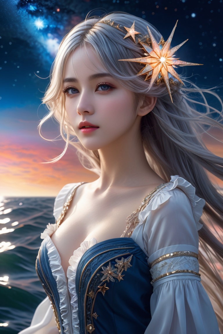 ((masterpiece)), ((best quality)), ((illustration)), ultra detailed,style girl, long shot, small breast,light grey very_long_hair, scifi hair ornaments, beautiful detailed deep eyes, beautiful detailed sky, beautifuldetailed water, cinematic lighting, dramatic angle, (very long sleeves), frills, formal, close to viewer, (an extremely delicate and beautiful),best quality,highres,official art,extremely detailed CG unity 8k wallpaper, ((starry sky)), star river,array stars, Holy, noble, ((oil painting)) , ((wallpaper 8k CG)), (realistic), Concept Art, vary blue and red and orange and pink hard light, intricate light, dynamic hair, haircut, dynamic fuzziness, beautiful and aesthetic, intricate light, manga and anime