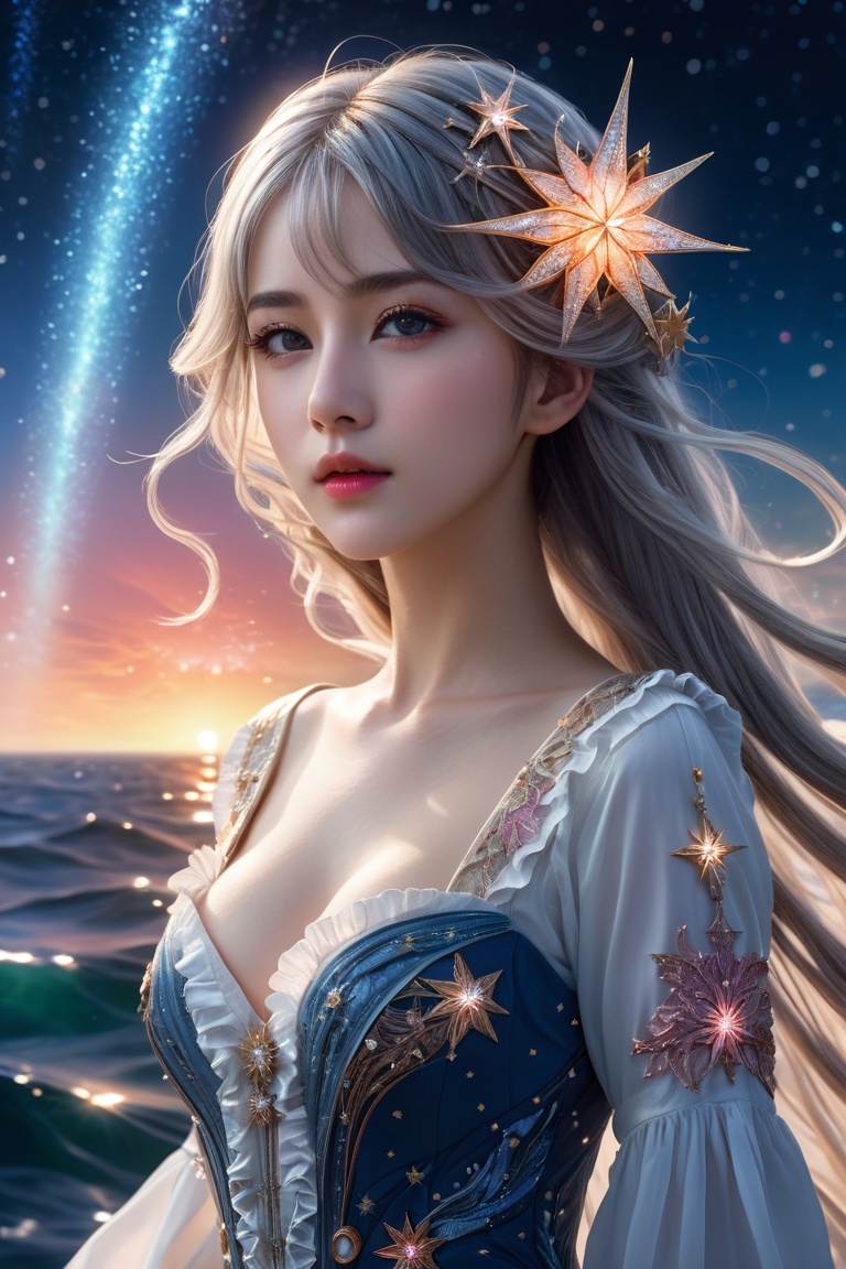 ((masterpiece)), ((best quality)), ((illustration)), ultra detailed,style girl, long shot, small breast,light grey very_long_hair, scifi hair ornaments, beautiful detailed deep eyes, beautiful detailed sky, beautifuldetailed water, cinematic lighting, dramatic angle, (very long sleeves), frills, formal, close to viewer, (an extremely delicate and beautiful),best quality,highres,official art,extremely detailed CG unity 8k wallpaper, ((starry sky)), star river,array stars, Holy, noble, ((oil painting)) , ((wallpaper 8k CG)), (realistic), Concept Art, vary blue and red and orange and pink hard light, intricate light, dynamic hair, haircut, dynamic fuzziness, beautiful and aesthetic, intricate light, manga and anime