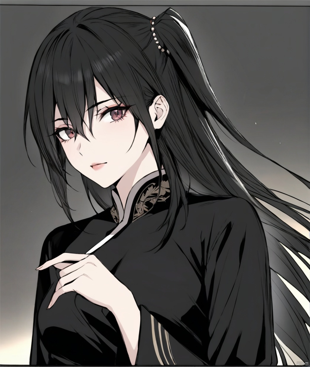 solo,highly detailed,(best quality),((masterpiece)),1girl,black hair,,jichanxi,looking_at_viewer,looking at viewer,long sleeves,upper_body,(black clothes),hair between eyes,bunches,