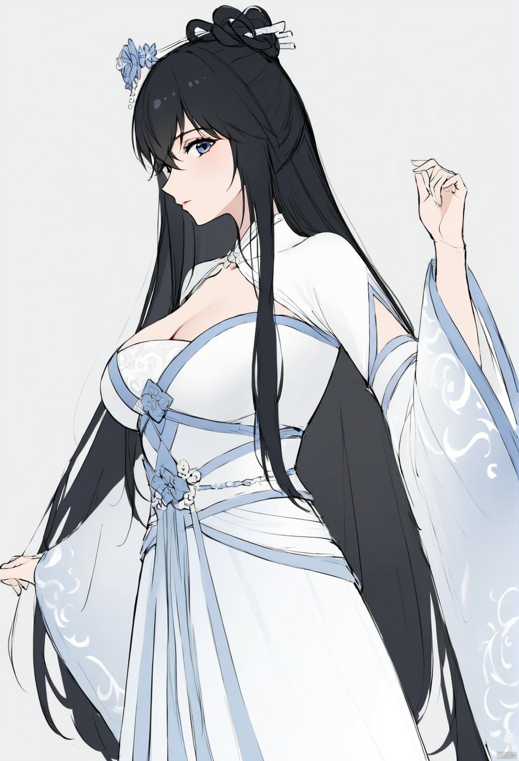 solo,highly detailed,(best quality),((masterpiece)),1girl,black hair,simple_background,long hair,white clothes,hanfu,looking_at_viewer,xiaoxiyue,