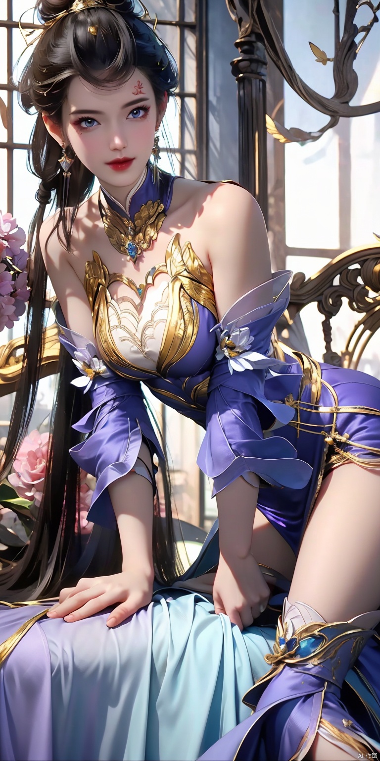 best quality,masterpiece,realistic,ultra-fine painting,extreme detail description,Professional,Vivid Colors,extremely detailed CG unity 8k wallpaper,an extremely delicate and beautiful,official art,sweet and delicate girl,delicate facial features,Bright,romantic long hair,natural light,warm and sweet,looking_at_viewer,upper_body,flower,butterfly,necklace,smile,petal,xiaolan,1girl,black hair,blue eyes,earrings,hair ornament,jewelry,long hair,solo,gold,mole under eye,bare shoulders,detached sleeves,cleavage,sleeveless,breasts,purple dress,red lips,makeup,facial mark,looking at viewer,hair bun,cleavage,(full-body:1.4),