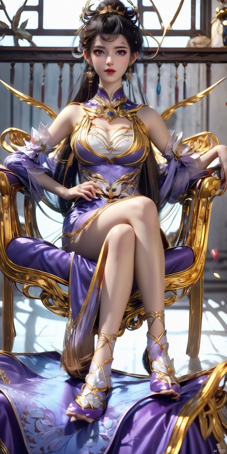 best quality,masterpiece,realistic,ultra-fine painting,extreme detail description,Professional,Vivid Colors,extremely detailed CG unity 8k wallpaper,an extremely delicate and beautiful,official art,sweet and delicate girl,delicate facial features,Bright,romantic long hair,natural light,warm and sweet,looking_at_viewer,upper_body,flower,butterfly,necklace,smile,petal,xiaolan,1girl,black hair,blue eyes,earrings,hair ornament,jewelry,long hair,solo,gold,mole under eye,bare shoulders,detached sleeves,cleavage,sleeveless,breasts,purple dress,red lips,makeup,facial mark,looking at viewer,hair bun,cleavage,(full-body:1.4),Sitting,