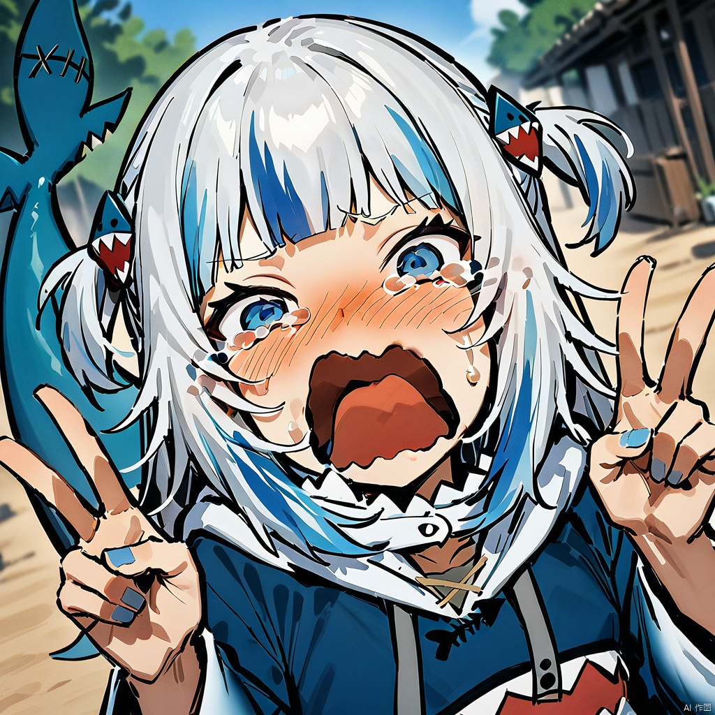 crying, tearing up, tears, blush, (masterpiece,best quality),double v, looking at viewer, upper body, cinematic angle, depth of field, outdoors,1girl, gawr gura, virtual youtuber, tail, fish tail, shark tail, solo, blue eyes, multicolored hair, grey hair, full body, blue hair, streaked hair, bangs, hair ornament, shark hair ornament, two side up, white background, hood, blunt bangs, shark girl, hoodie, simple background, blue hoodie