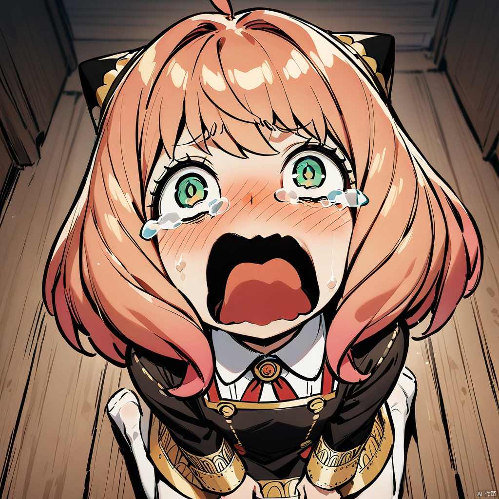 masterpiece, best quality,
crying, tearing up, tears, blush,open mouth,Anya Forger, 1girl, anya \(spy x family\), solo, female child, pink hair, green eyes, school uniform, eden academy school uniform, smile, dress, sitting, looking at viewer, open mouth, black footwear, black dress, child, shirt, :d, long sleeves, full body, shoes, medium hair, bangs, ahoge, white pantyhose, collared shirt