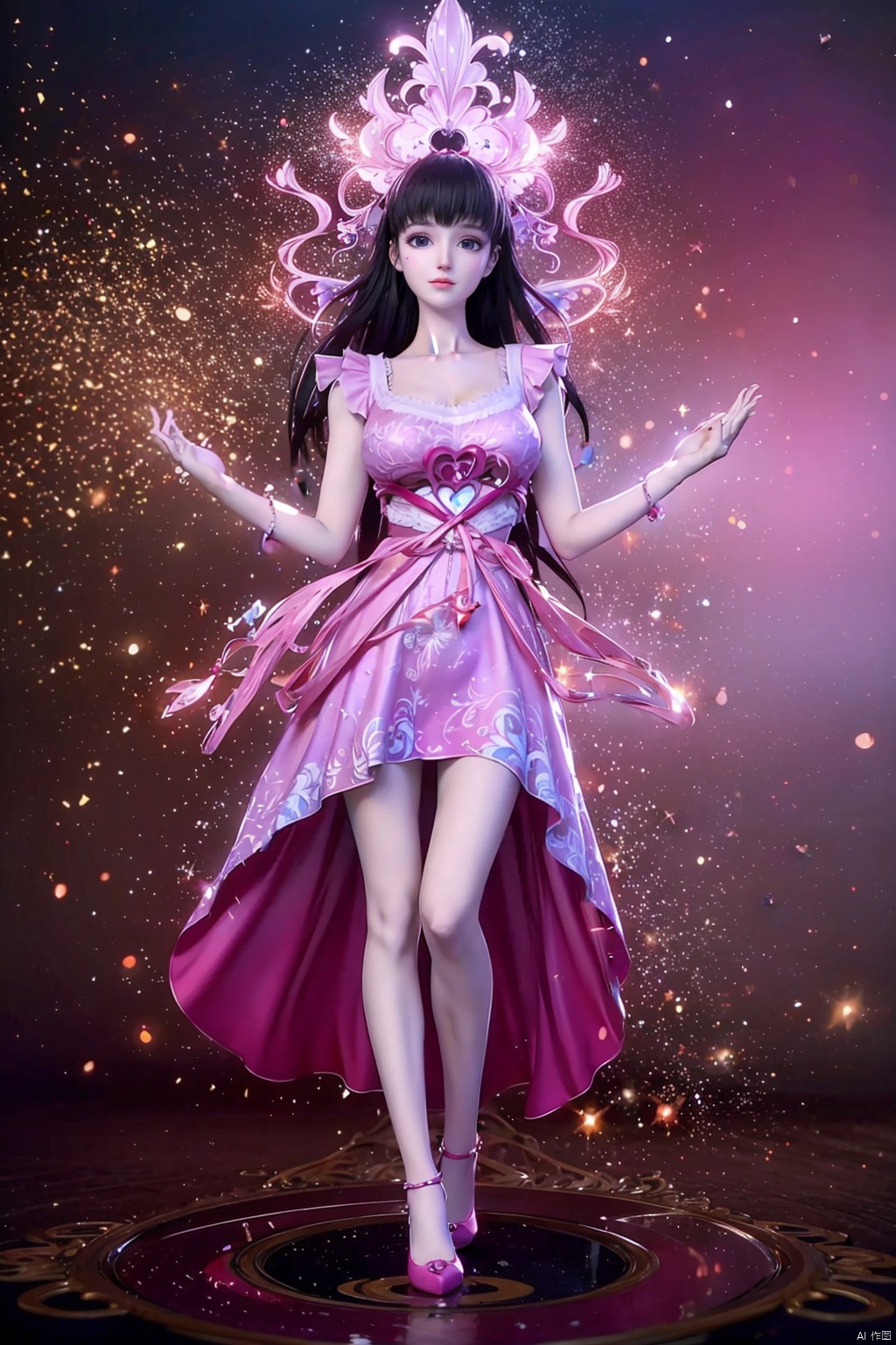 (8k, RAW photo, best quality, masterpiece:1.2),(super realistic, photo-realistic:1.3),ultra-detailed,extremely detailed cg 8k wallpaper,hatching (texture),skin gloss,light persona,(crystalstexture skin:1.2),(extremely delicate and beautiful),ultra-high resolution,surrealism,fantastical verisimilitude,fantastical creation,thriller color scheme,surrealism,abstract,psychedelic,1girl,solo,pink dress,sparkle,shine,reflection,yll-hd,ll-hd,,,ty-hd,,