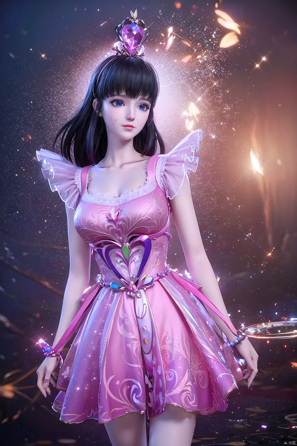 (8k, RAW photo, best quality, masterpiece:1.2),(super realistic, photo-realistic:1.3),ultra-detailed,extremely detailed cg 8k wallpaper,hatching (texture),skin gloss,light persona,(crystalstexture skin:1.2),(extremely delicate and beautiful),ultra-high resolution,surrealism,fantastical verisimilitude,fantastical creation,thriller color scheme,surrealism,abstract,psychedelic,1girl,solo,pink dress,sparkle,shine,reflection,yll-hd,ll-hd,,,ty-hd,,