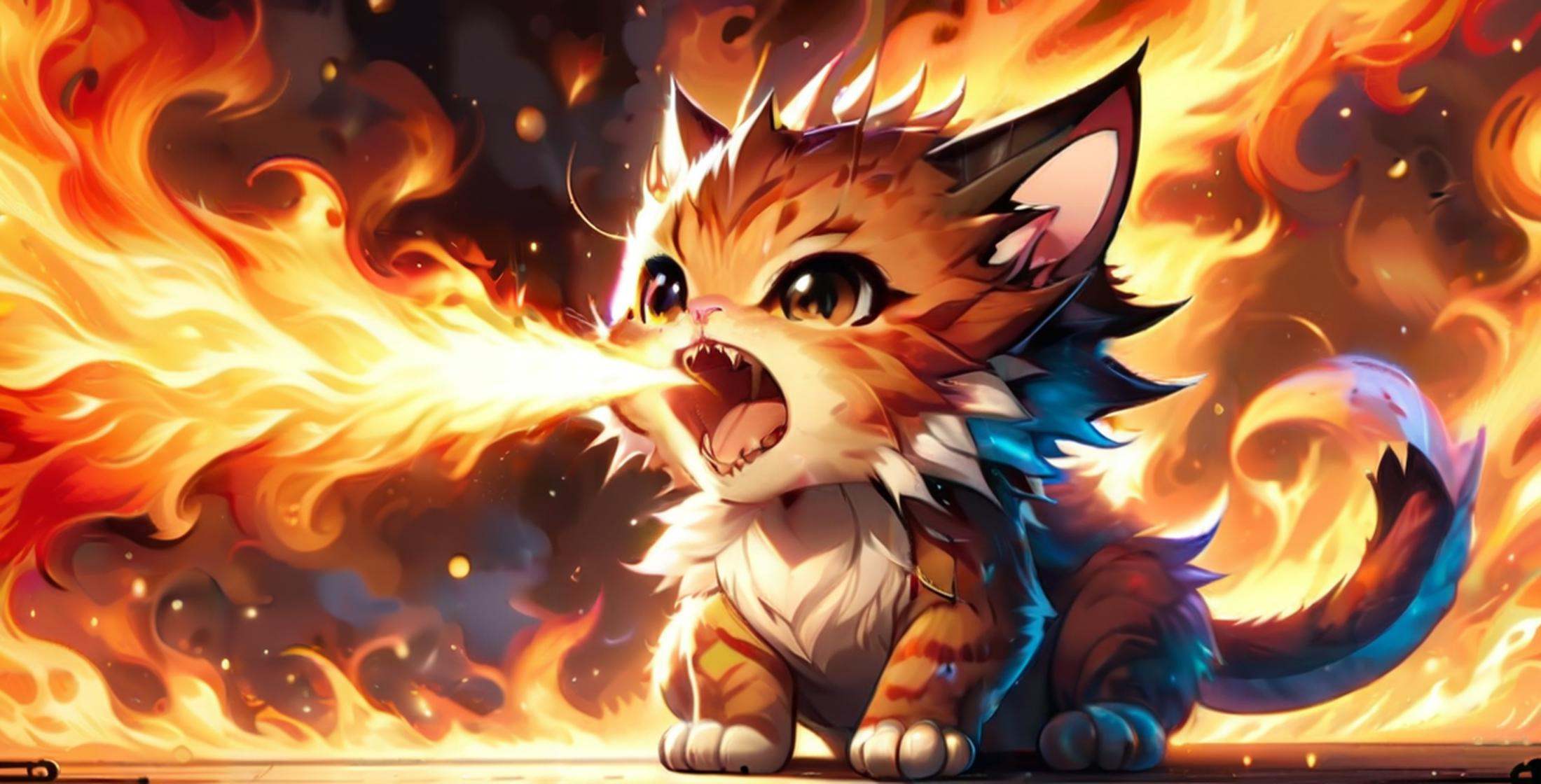 cute small fluffy cat breathing fire,  open mouth,  sitting on Tensor.Art