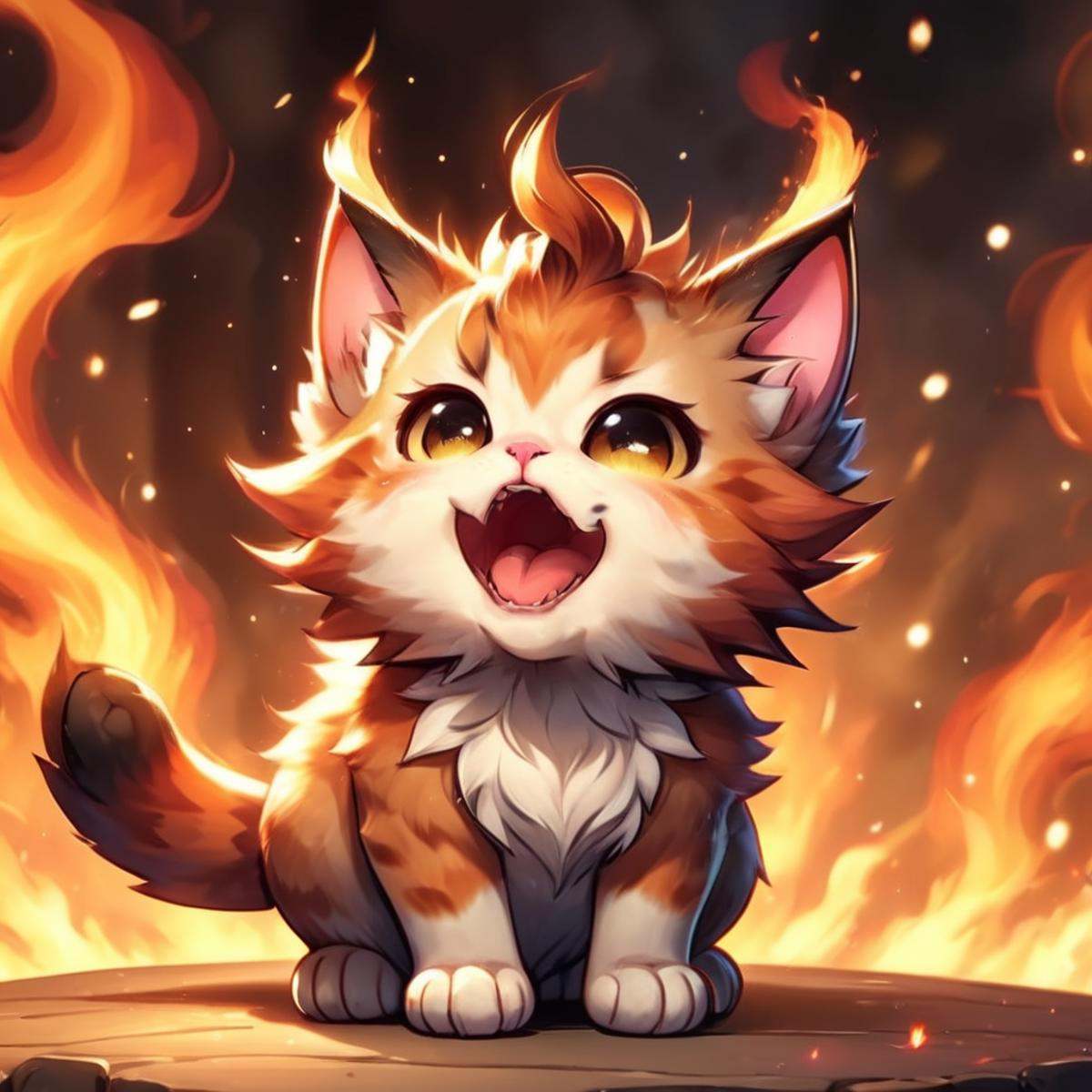 cute small fluffy cat breathing fire,  open mouth,  cute small horns on Tensor.Art