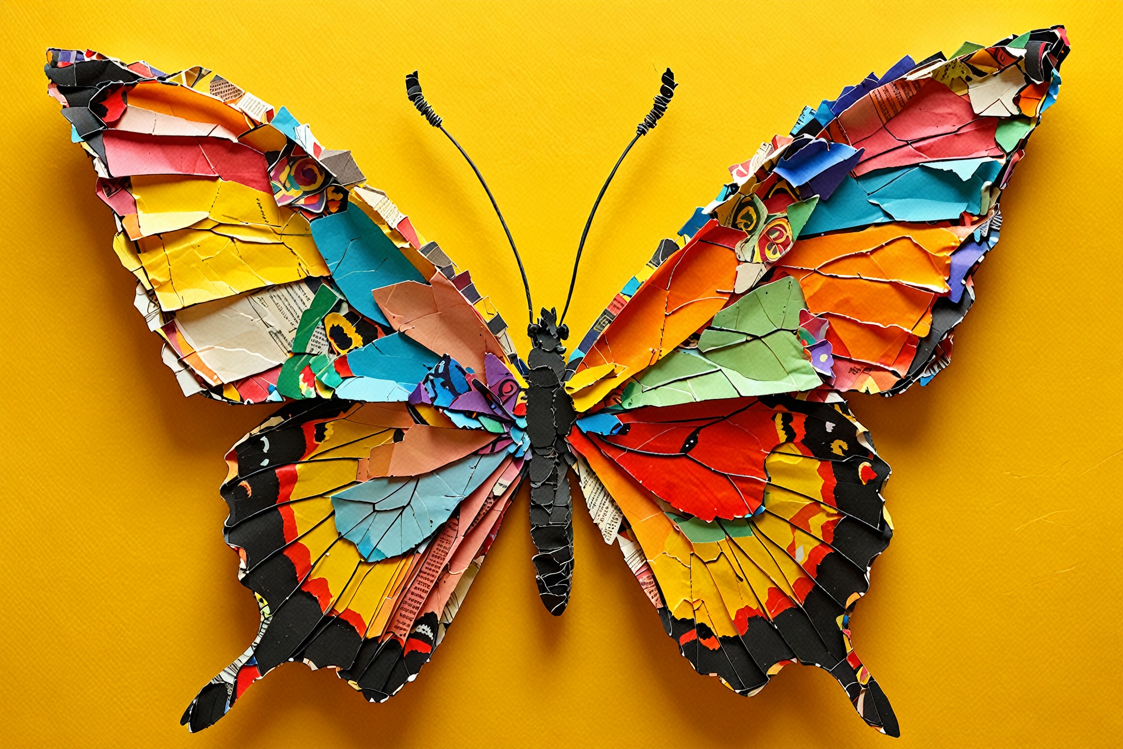 A vibrant butterfly made up of various colored paper fragments,  predominantly against a bright yellow background. The but...