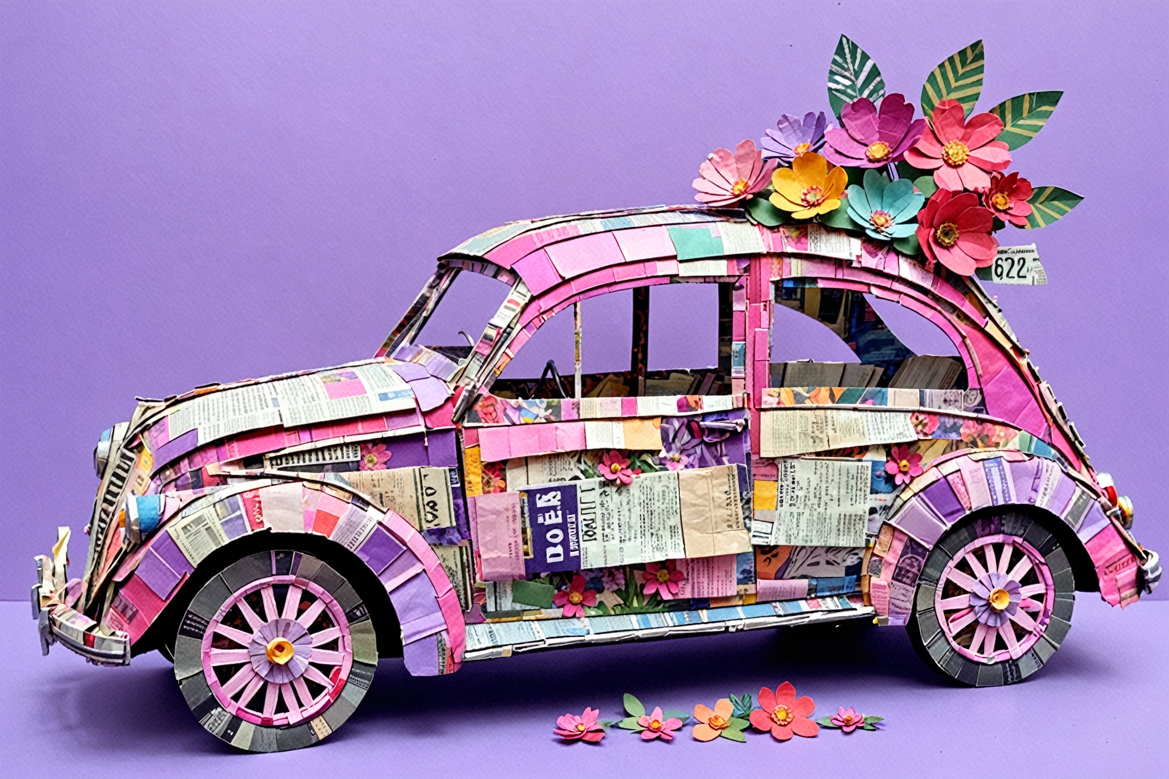 A vibrant and artistic representation of a car,  meticulously crafted from various newspaper and magazine clippings. The c...