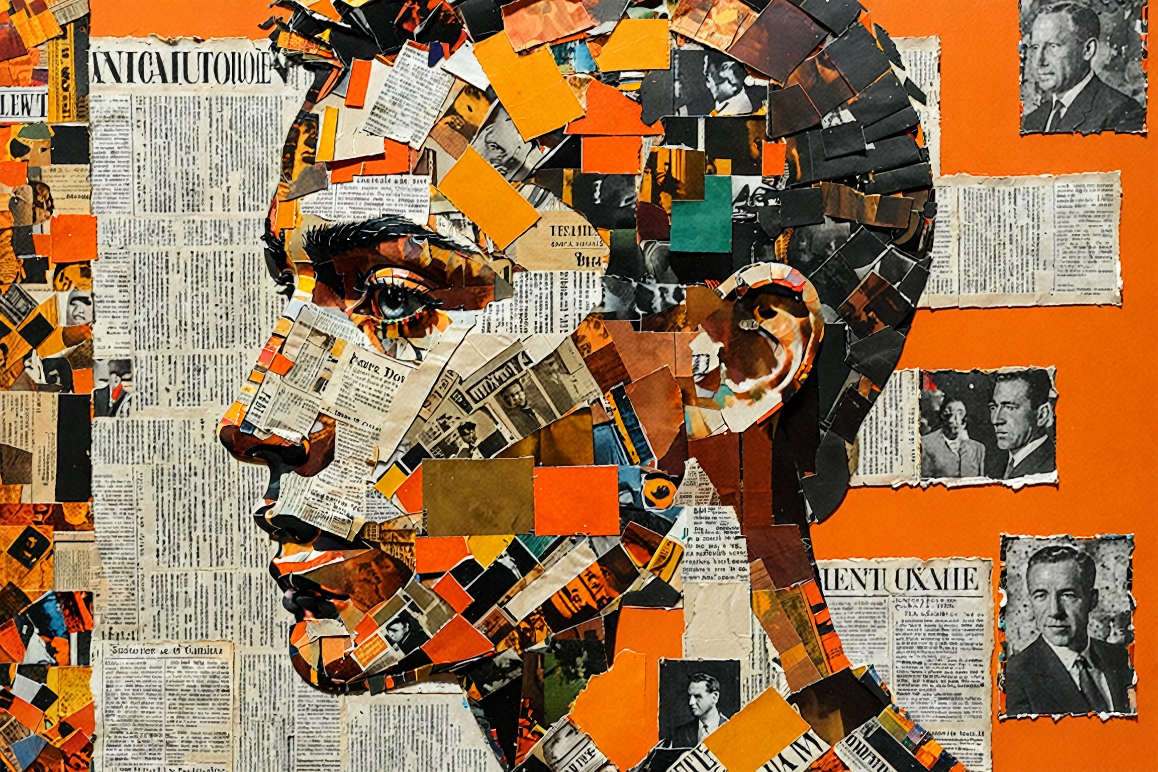 A side profile of a person's face,  intricately crafted from a collage of various newspaper and magazine clippings. The ba...
