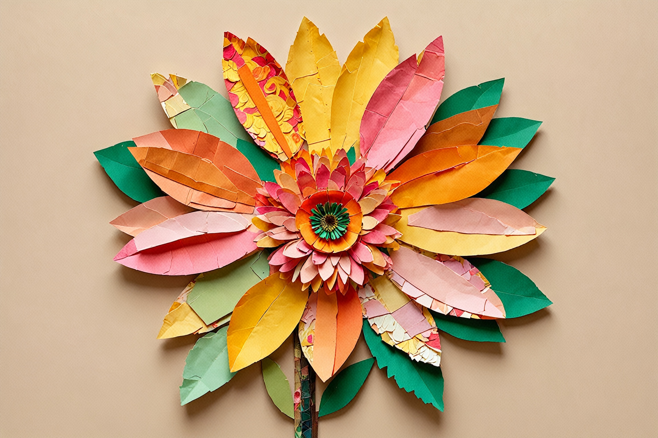 Close-up shot of a vibrant floral collage on a soft beige/light brown background. A colorful flower blooms,  its delicate...