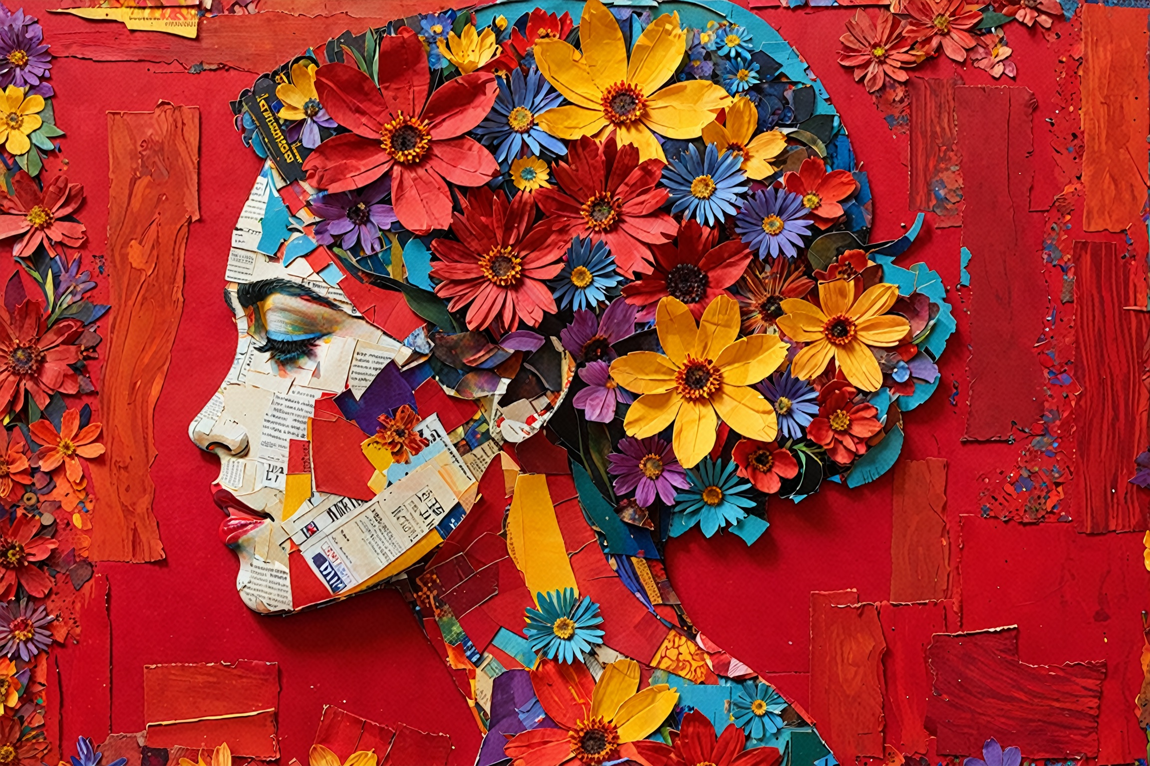 A vibrant and intricate artwork of a side profile of a woman's face. Her profile is filled with a burst of colorful flower...