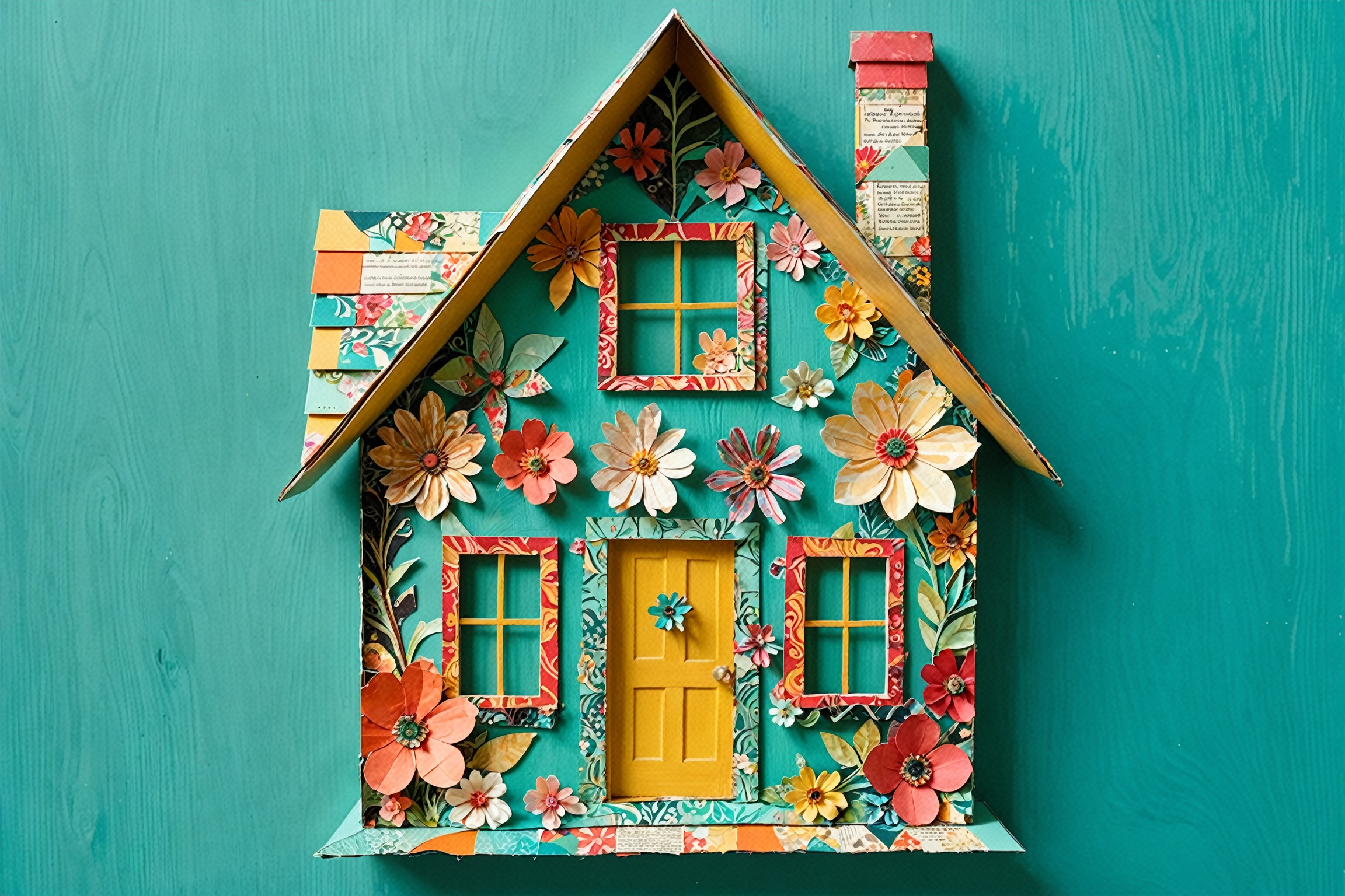 Close-up shot of a whimsical collage on a vibrant turquoise background. A paper house with triangular roof,  rectangular c...