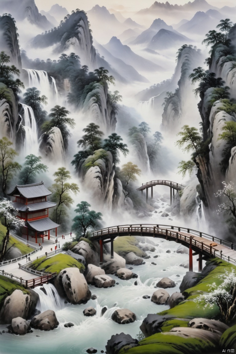 （modern architecture：1.05）,YT,mountain,bridge,river,waterfall,fog