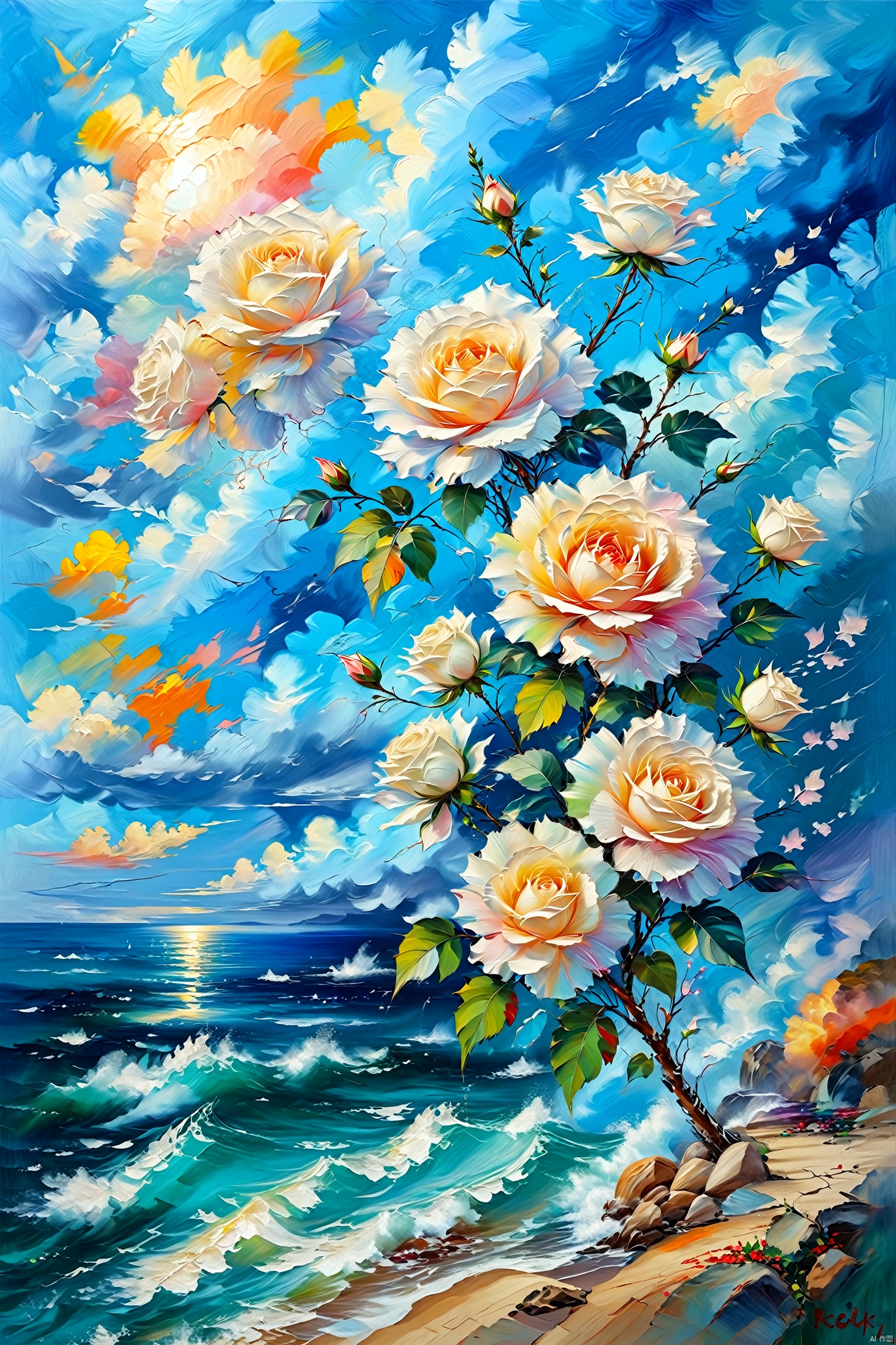 very beautiful landscape. Azure sky, insanely beautiful, colorful soaring clouds, merge with white roses, rocks, sea, cool, oil painting, Healing_Painting,Oil Painting