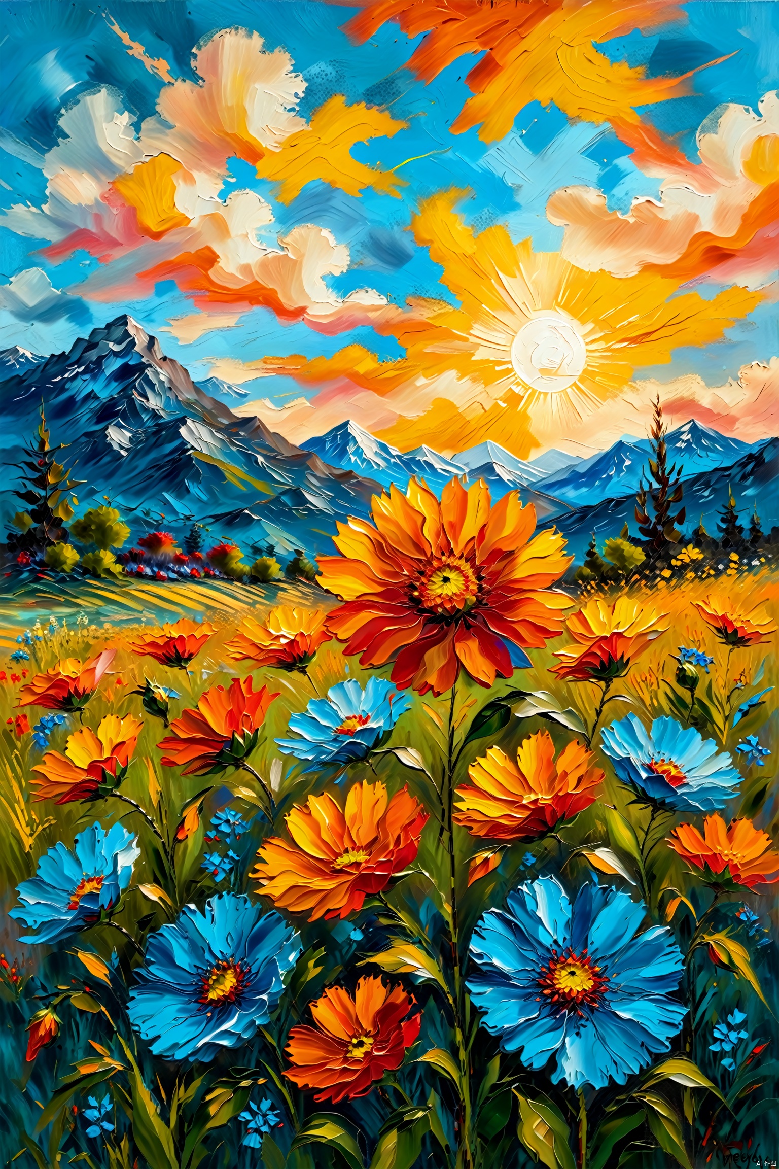 Impressionism fine art impasto on canvas by Van Gogh. Blissful sunset hues. flower, outdoors, sky, day, cloud, blue sky, no humans, traditional media, grass, red flower, scenery, mountain, sun, field, orange flower,airbrush painting. Atmospheric, moody, rustic.,Oil Painting