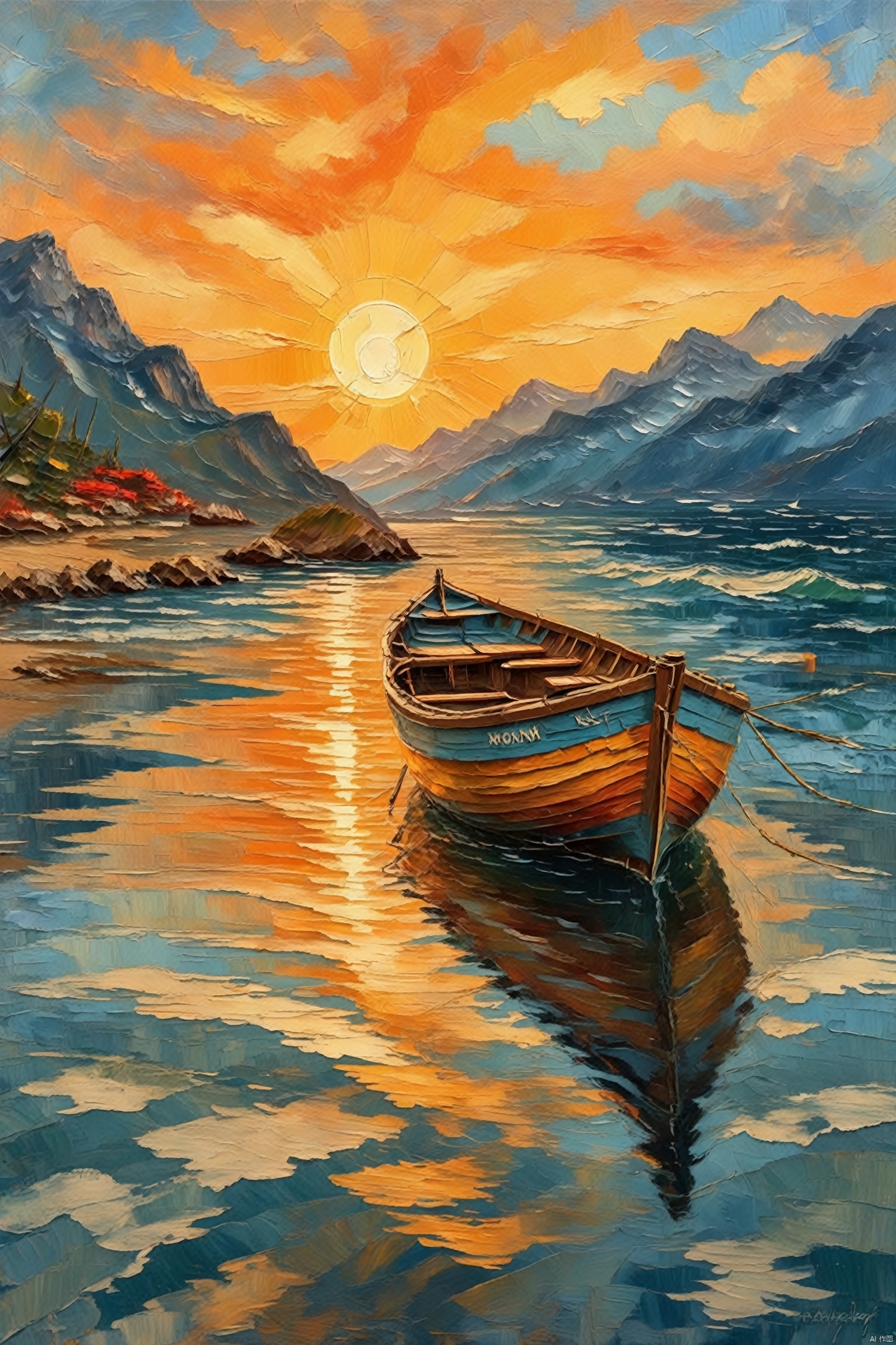  Impressionism fine art impasto on canvas by Van Gogh. Blissful sunset hues.outdoors, sky, cloud, water, no humans, ocean, cloudy sky, scenery, reflection, sunset, mountain, sun, watercraft, waves, boat, orange sky,airbrush painting. Atmospheric, moody, rustic.,Oil Painting