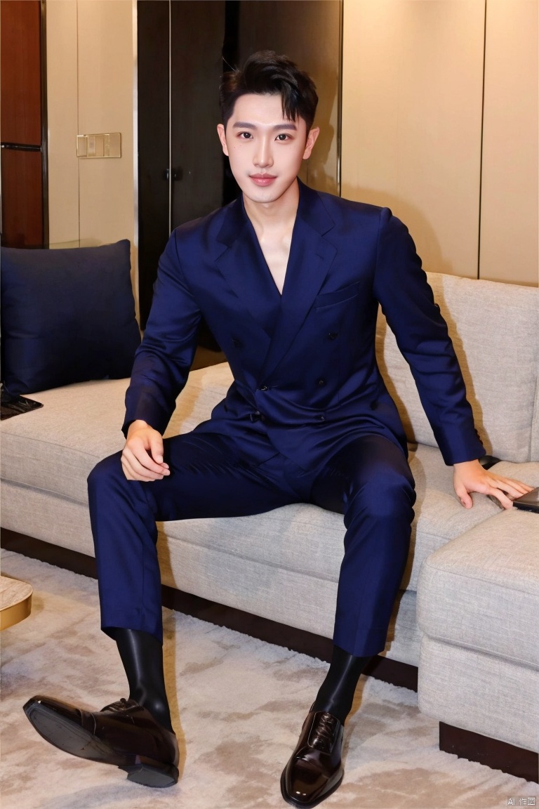 1man,solo, asian,handsome,charming,exquisite facial features, looking at viewer, smile, short hair, male focus,suit,shirt,glossy socks,footwear,couch, model pose,jzns,xsb