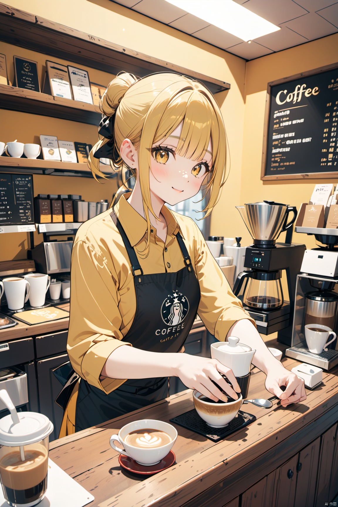  A clerk with yellow shirt in a coffee shop is making coffee