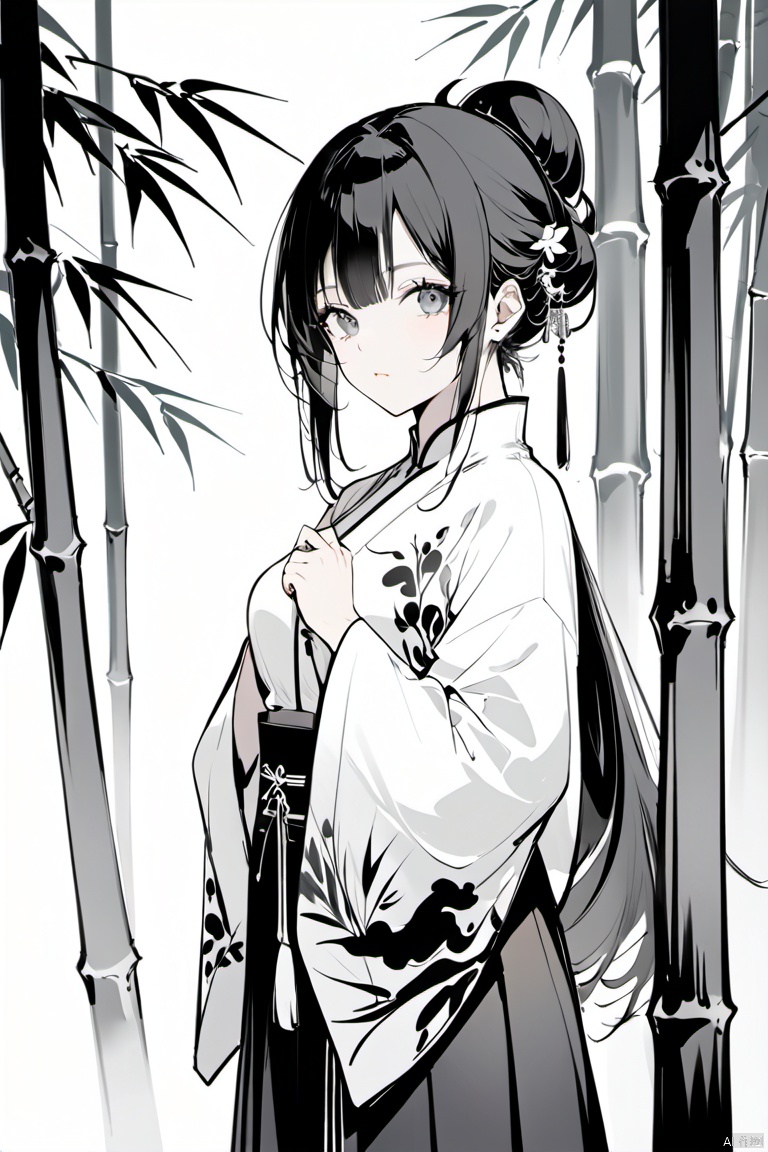  A beautiful girl standing upright in a bamboo forest, delicate face, calm and elegant, Tyndall light effect, Chinese ink painting style, Zhang Daqian, black and white ink, momentary, superbly written style,
