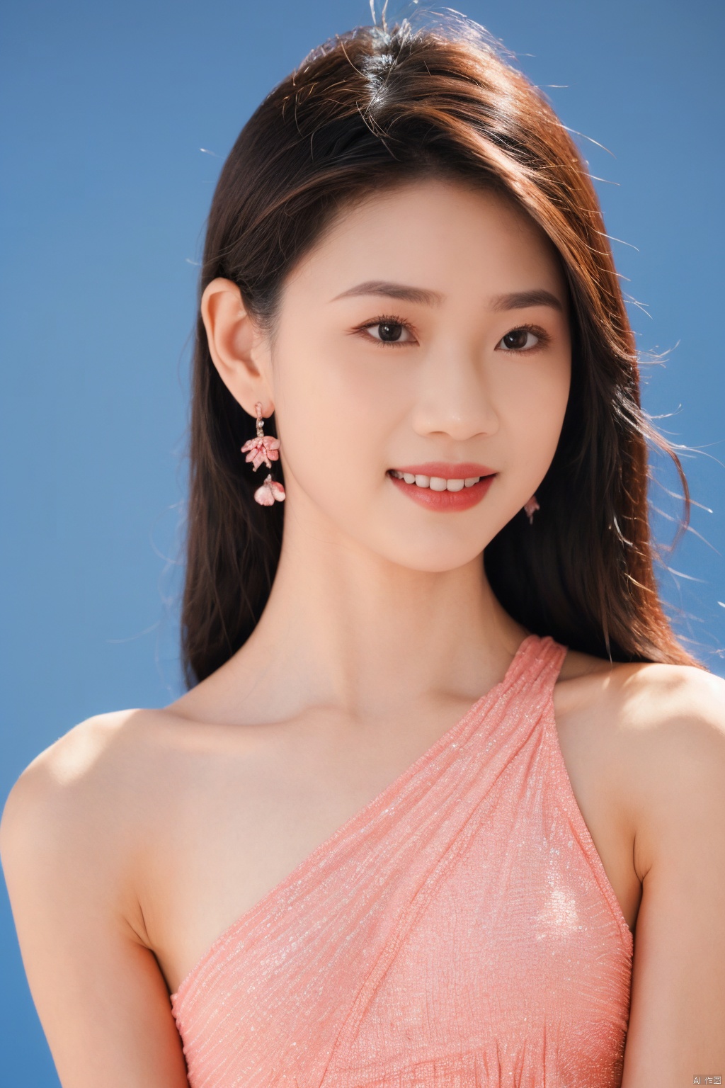 1girl, solo, looking at viewer, smile,  brown hair,  brown eyes, jewelry, closed mouth, upper body, earrings, lips, blue background, portrait, realistic, nose, jiaxin