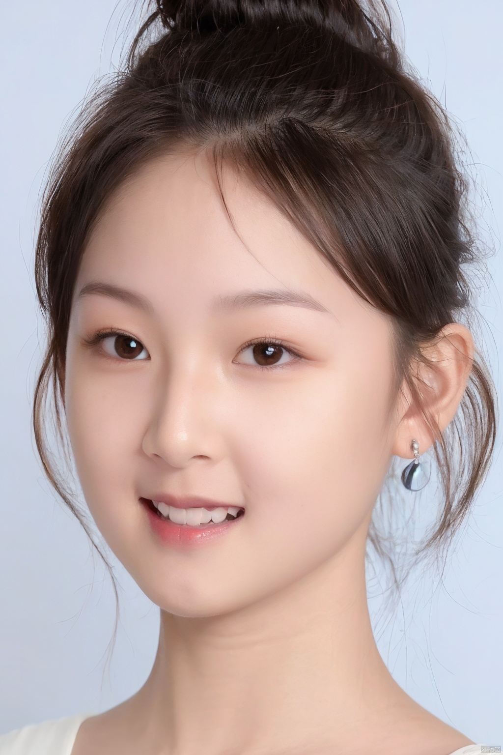 1girl, solo, looking at viewer, smile,  brown hair,  brown eyes, jewelry, closed mouth, upper body, earrings, lips, blue background, portrait, realistic, nose, jiaxin, chenchen