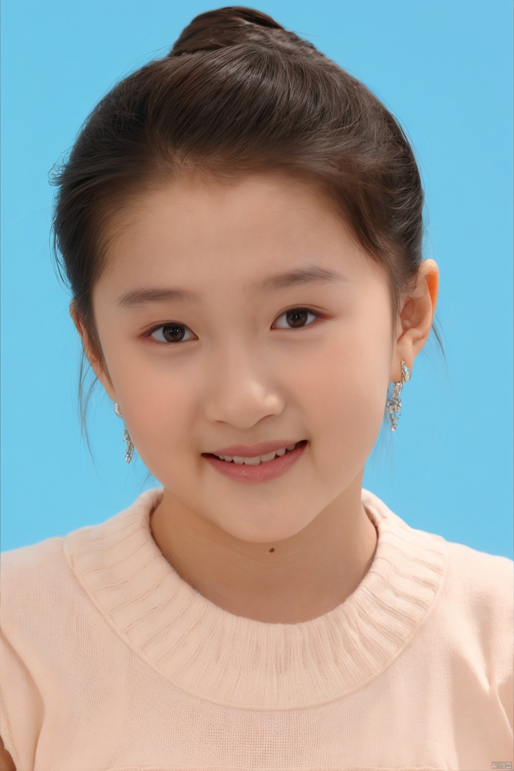 1girl, solo, looking at viewer, smile,  brown hair,  brown eyes, jewelry, closed mouth, upper body, earrings, lips, blue background, portrait, realistic, nose, jiaxin, chenchen, tongtong