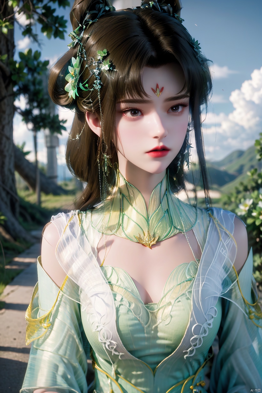 SFW,(masterpiece:1.2),best quality,masterpiece,highres,original,extremely detailed wallpaper,perfect lighting,(extremely detailed CG:1.2),1girl,solo,looking at viewer,double bun,hair ornament,blurry,blurry background,cloud,cloudy sky,depth of field,green dress,hair_ornament,hair_flower,hair_tie,earrings,jewelry,lipstick,forehead_mark,in summer,day,cliff,flower field,on a hill,waterfall,chengling,dynamic pose,dynamic angle