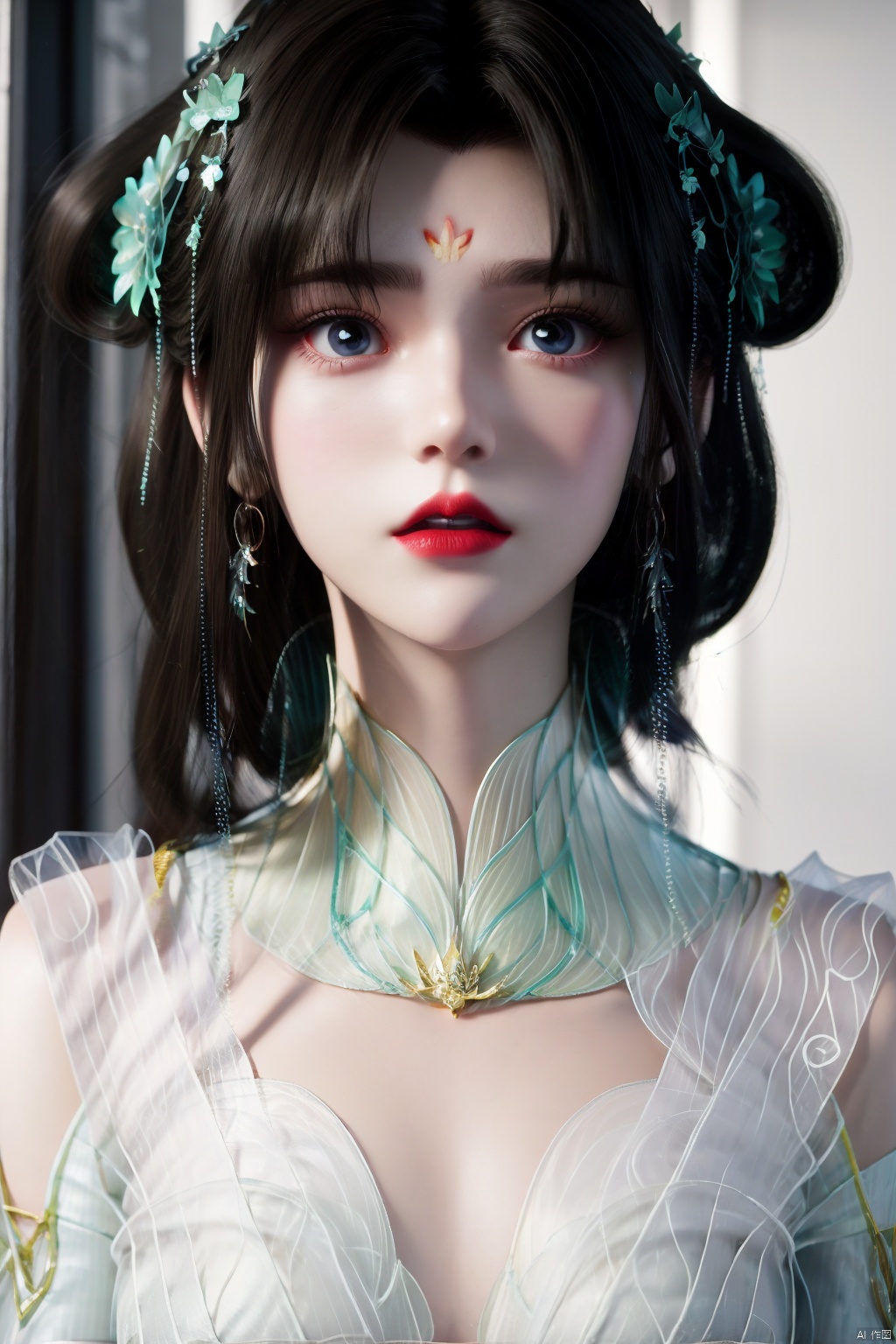 1girl, solo, breasts, looking at viewer, short hair, bangs, blue eyes, bare shoulders, closed mouth, collarbone, upper body, parted lips, lips, makeup, realistic, red lips,indoors, offices,Look at the camera,Regular face,chengling