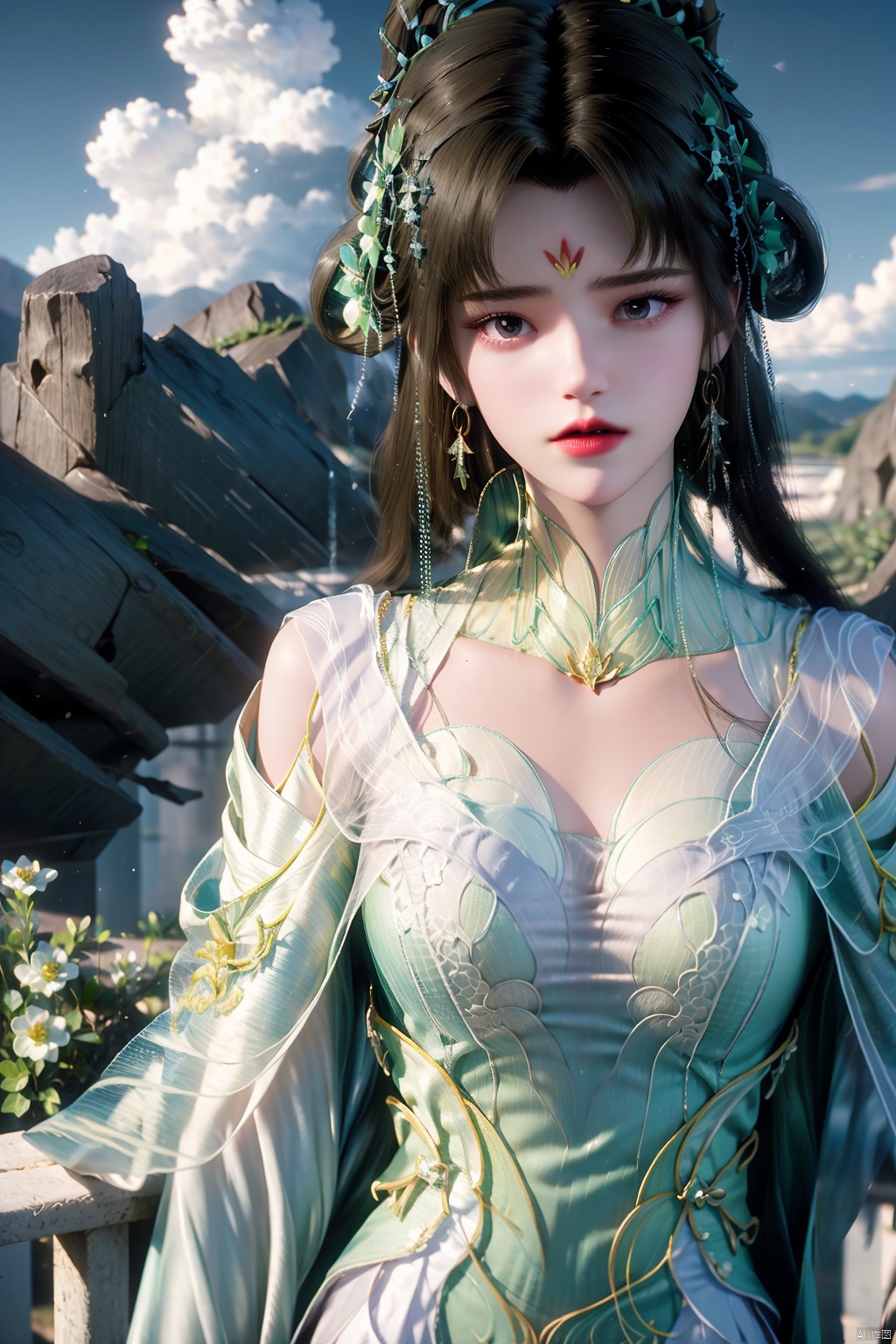 SFW,(masterpiece:1.2),best quality,masterpiece,highres,original,extremely detailed wallpaper,perfect lighting,(extremely detailed CG:1.2),1girl,solo,looking at viewer,double bun,hair ornament,blurry,blurry background,cloud,cloudy sky,depth of field,green dress,hair_ornament,hair_flower,hair_tie,earrings,jewelry,lipstick,forehead_mark,in summer,day,cliff,flower field,on a hill,waterfall,Waist shot,dynamic pose,dynamic angle,
