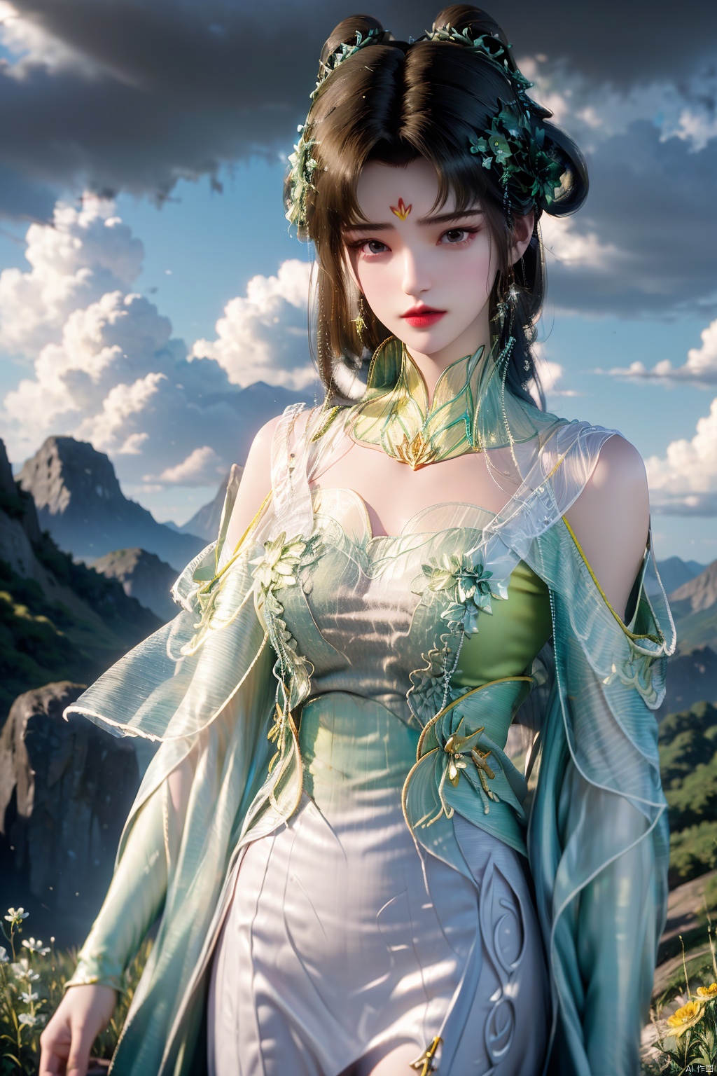 SFW,(masterpiece:1.2),best quality,masterpiece,highres,original,extremely detailed wallpaper,perfect lighting,(extremely detailed CG:1.2),1girl,solo,looking at viewer,double bun,hair ornament,blurry,blurry background,cloud,cloudy sky,depth of field,green dress,hair_ornament,hair_flower,hair_tie,earrings,jewelry,lipstick,forehead_mark,in summer,day,cliff,flower field,on a hill,waterfall,chengling,dynamic pose,dynamic angle