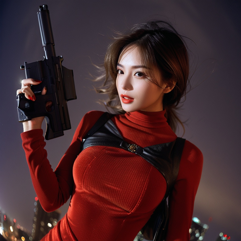 Realistic 16K resolution photography of a girl with nice hair,  floating in winds,  wearing red tight dress on Tensor.Art
