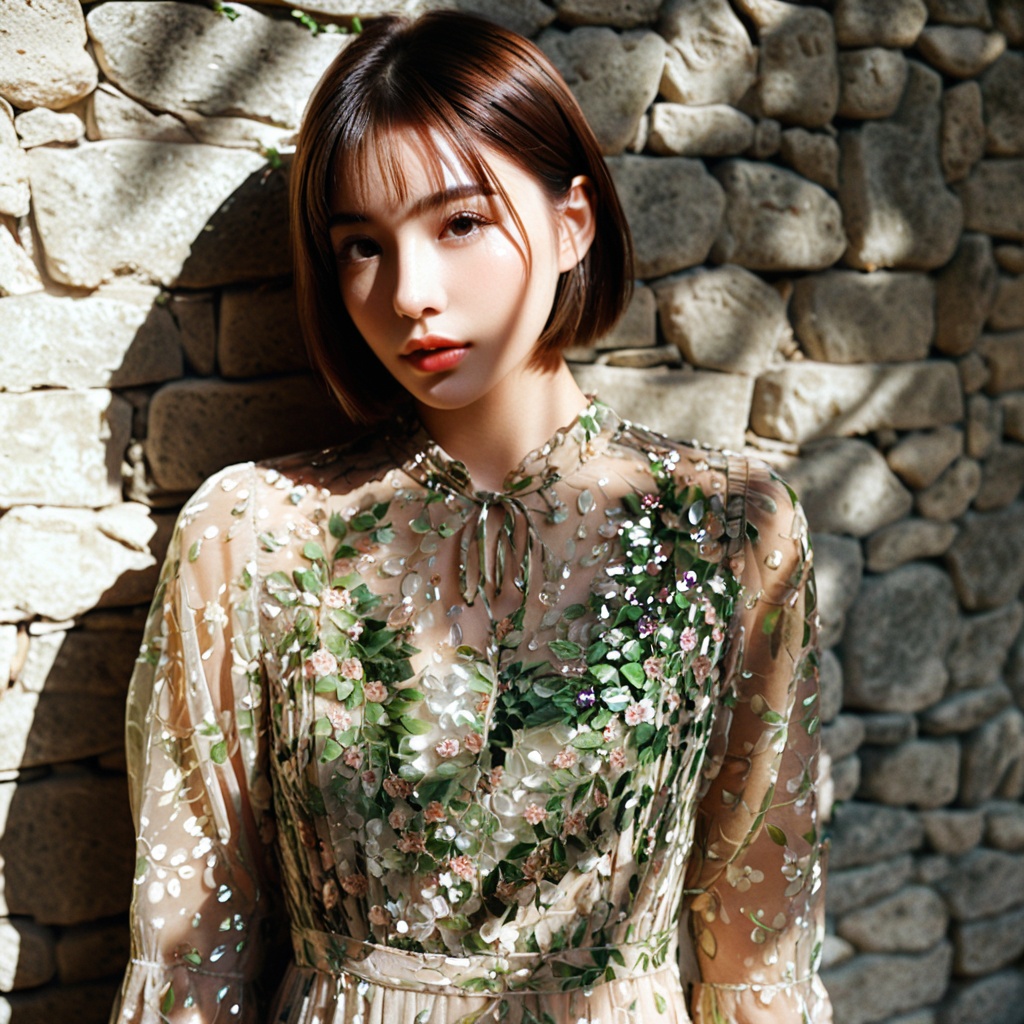 Realistic 16K resolution photography of a girl with short hair and a pretty face,  wearing a light floral dress,  stands i...