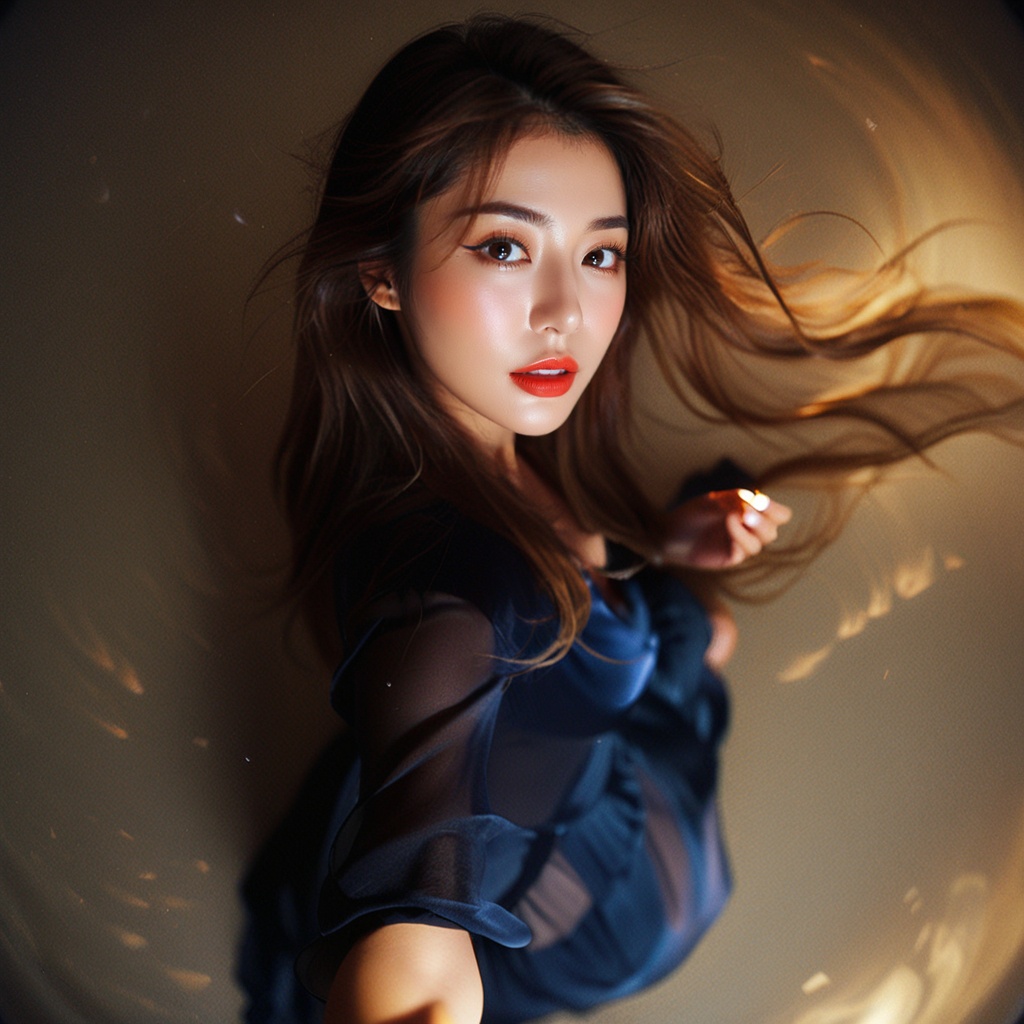 Realistic 16K resolution photography of a girl with nice hair,  floating in winds,  wearing deep v dress on Tensor.Art