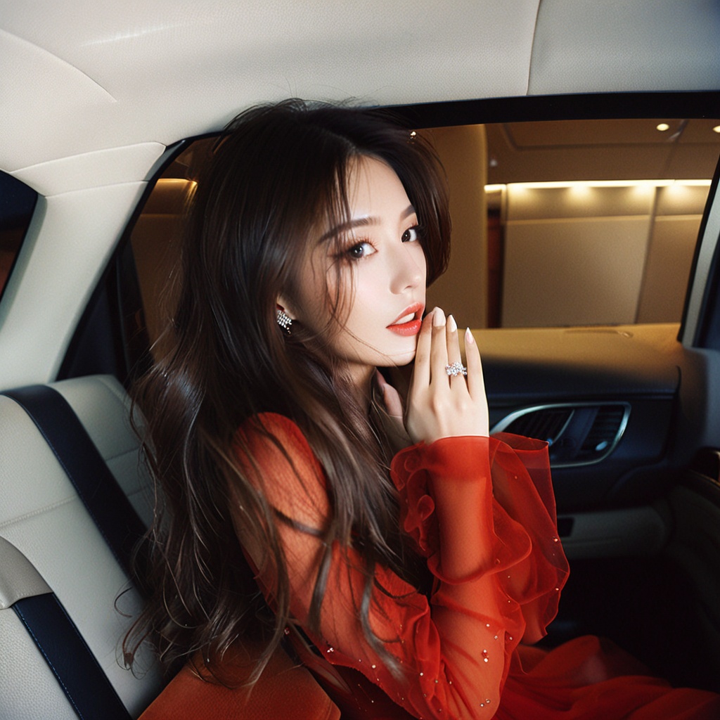 Realistic 16K resolution photography of a girl with nice hair,  floating in winds,  wearing red deep v dress on Tensor.Art