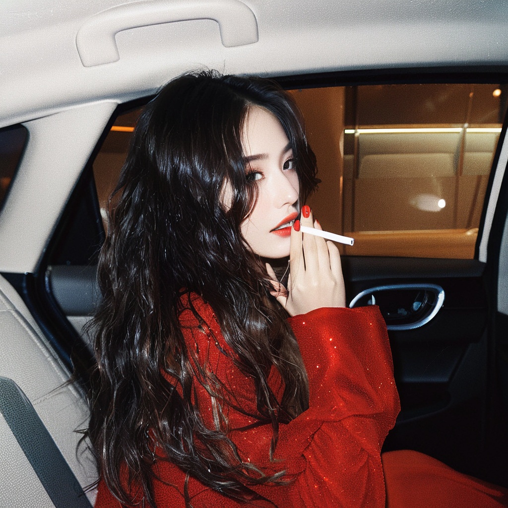 Realistic 16K resolution photography of a girl with nice hair,  floating in winds,  wearing red deep v dress on Tensor.Art