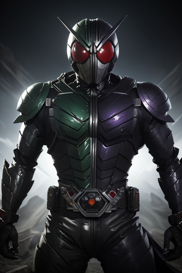 Stunning 8K masterpiece of Kamen Rider in a stylish action pose,  set against a simple yet striking black color scheme. Th...
