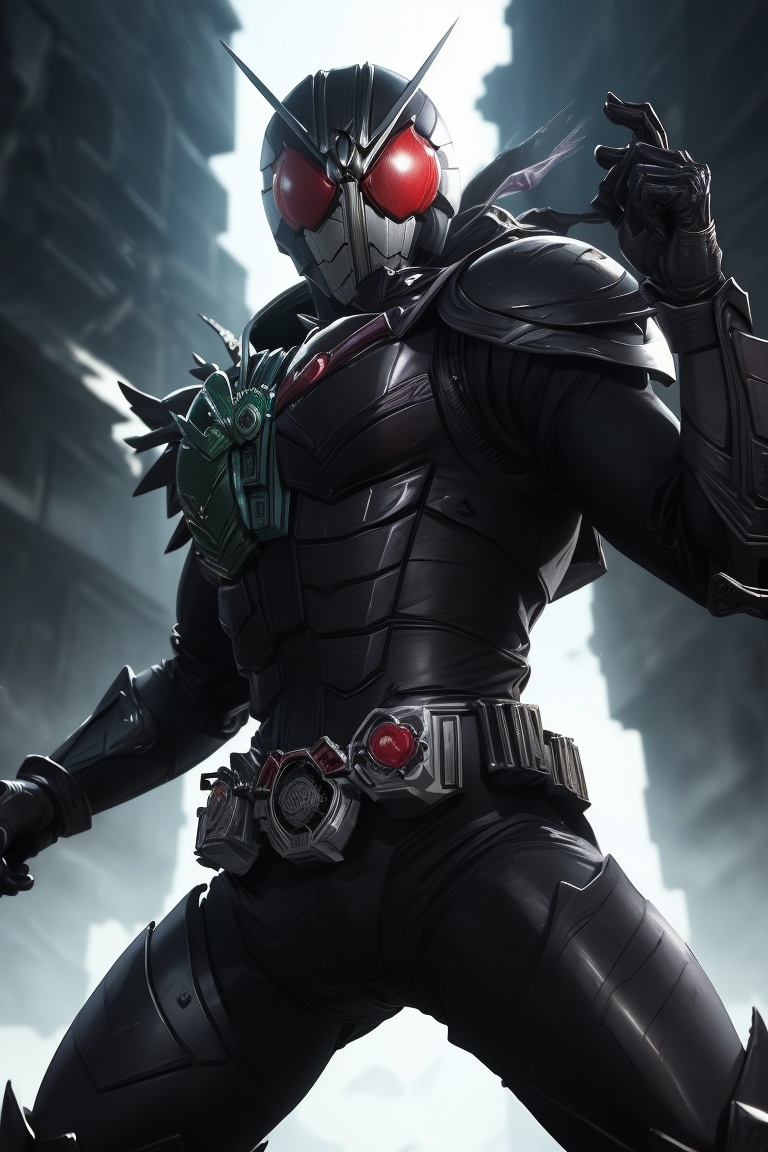 Stunning 8K masterpiece of Kamen Rider in a stylish action pose,  set against a simple yet striking black color scheme. Th...