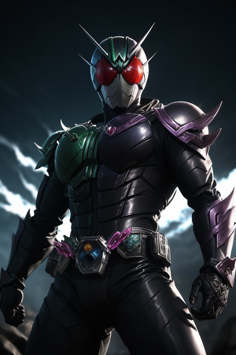 Stunning 8K masterpiece of Kamen Rider in a stylish action pose,  set against a simple yet striking black color scheme. Th...